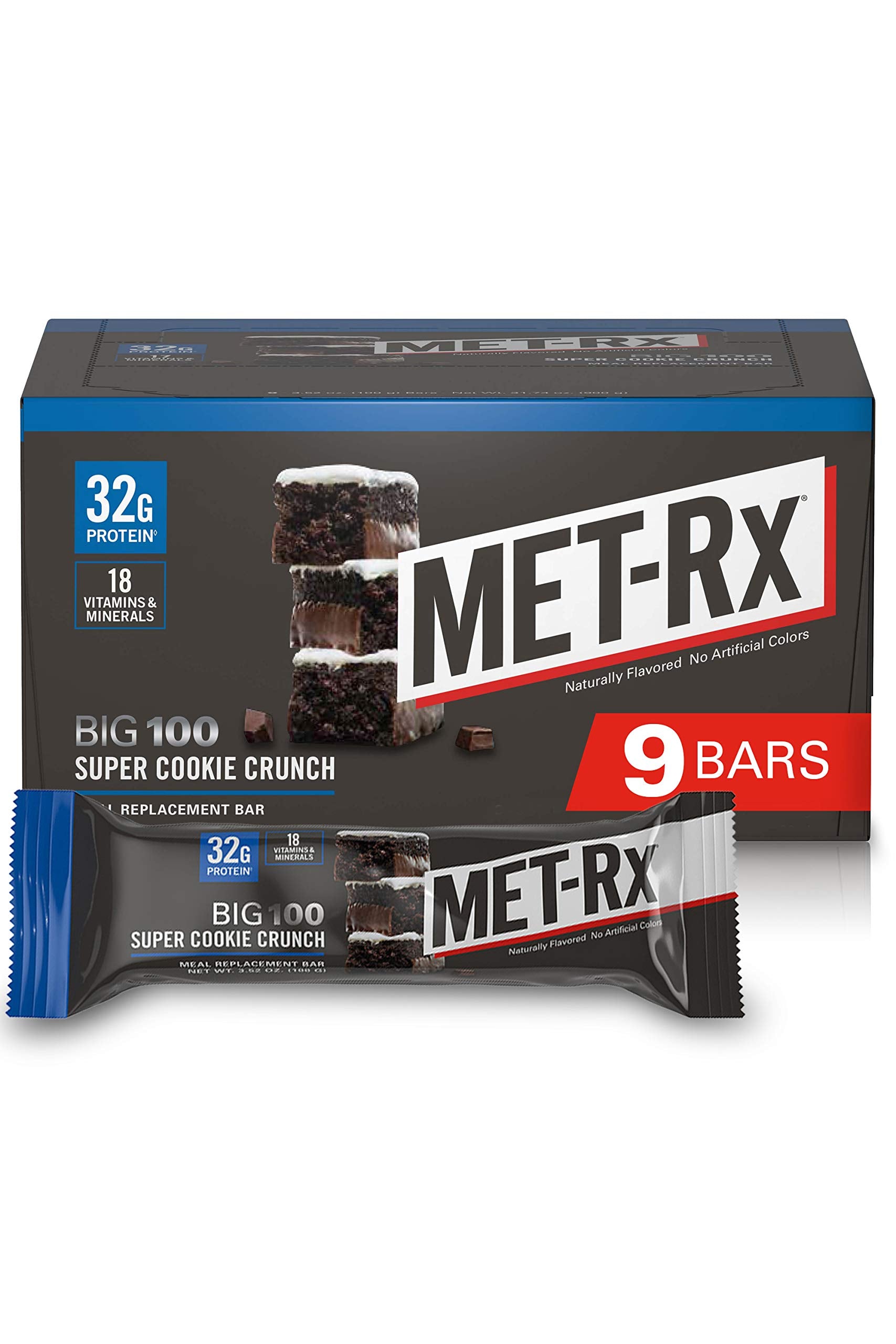 MET-Rx Big 100 Colossal bar front view, protein-rich nutrition for active days.