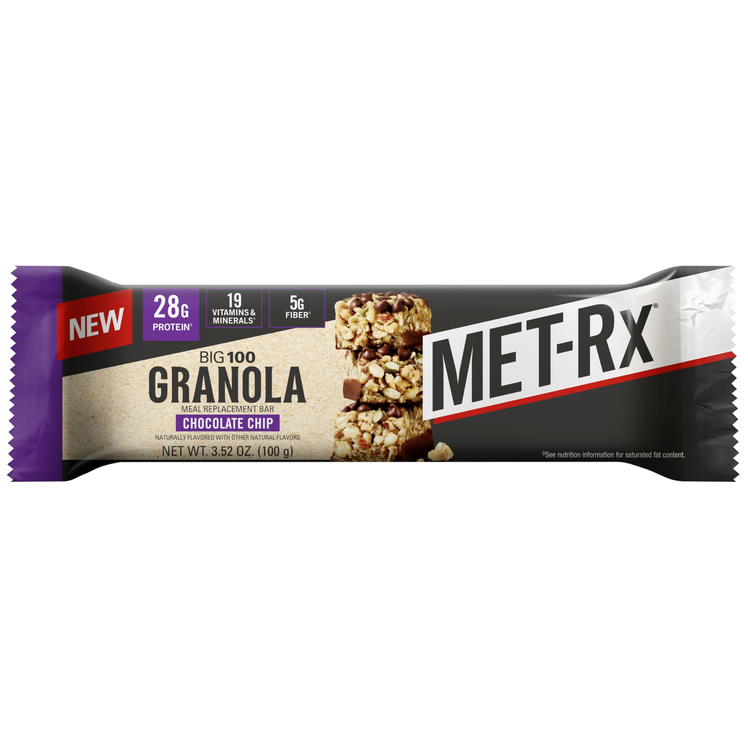 Close-up of MET-Rx Big 100 Granola Bar with chocolate chips, high-protein snack