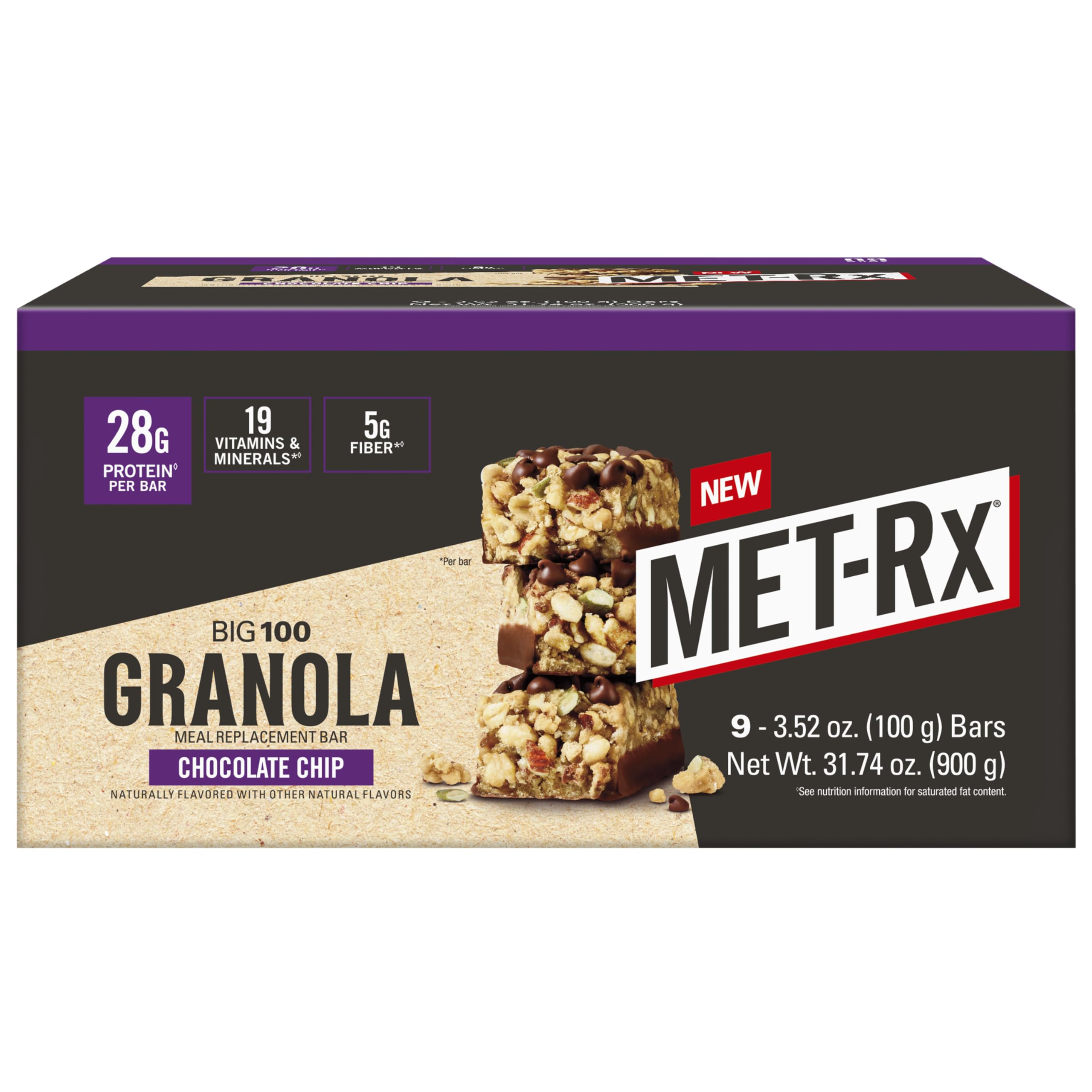 MET-Rx Big 100 Granola Bar chocolate chip in pack, convenient meal replacement