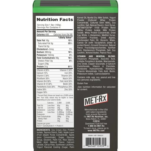 Ingredients panel on a Met-Rx Big100 Apple Pie bar showing allergen-free formula.