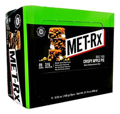 Met-Rx Big100 Apple Pie bar packaging on a shelf for grab-and-go nutrition.