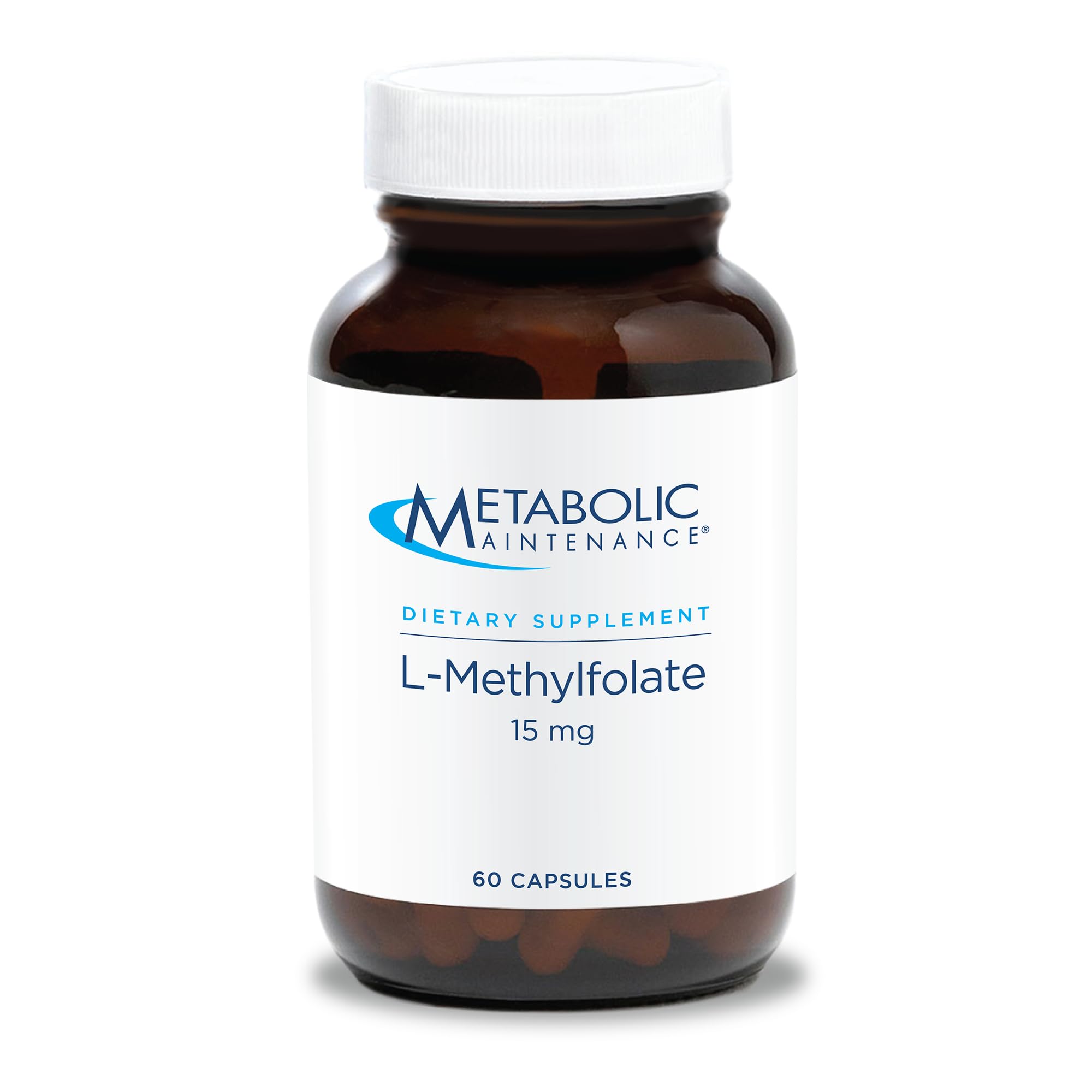 Metabolic Maintenance L-Methylfolate 15 mg bottle front shows pure methylfolate for brain health support.
