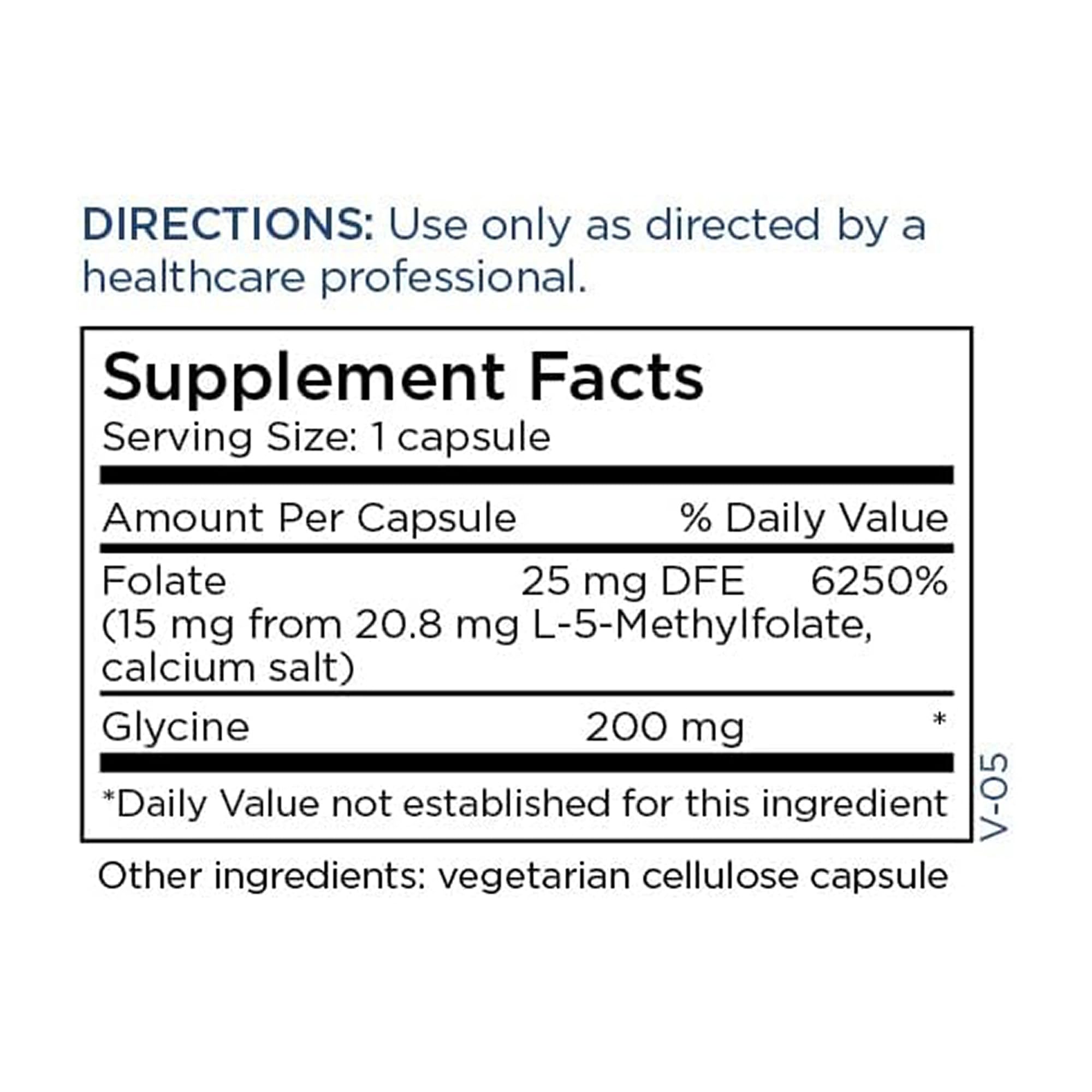 Metabolic Maintenance L-Methylfolate 15 mg dosage chart explains serving size at a glance.