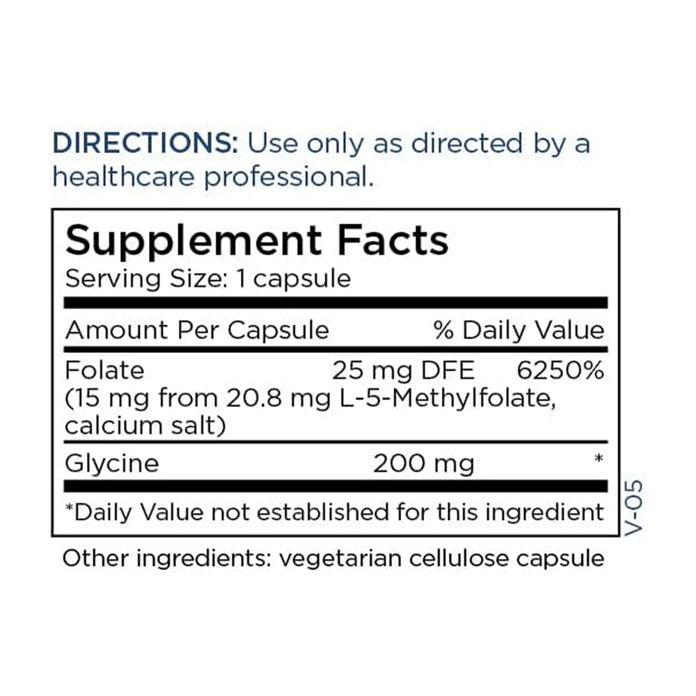 Metabolic Maintenance L-Methylfolate 15 mg dosage chart explains serving size at a glance.