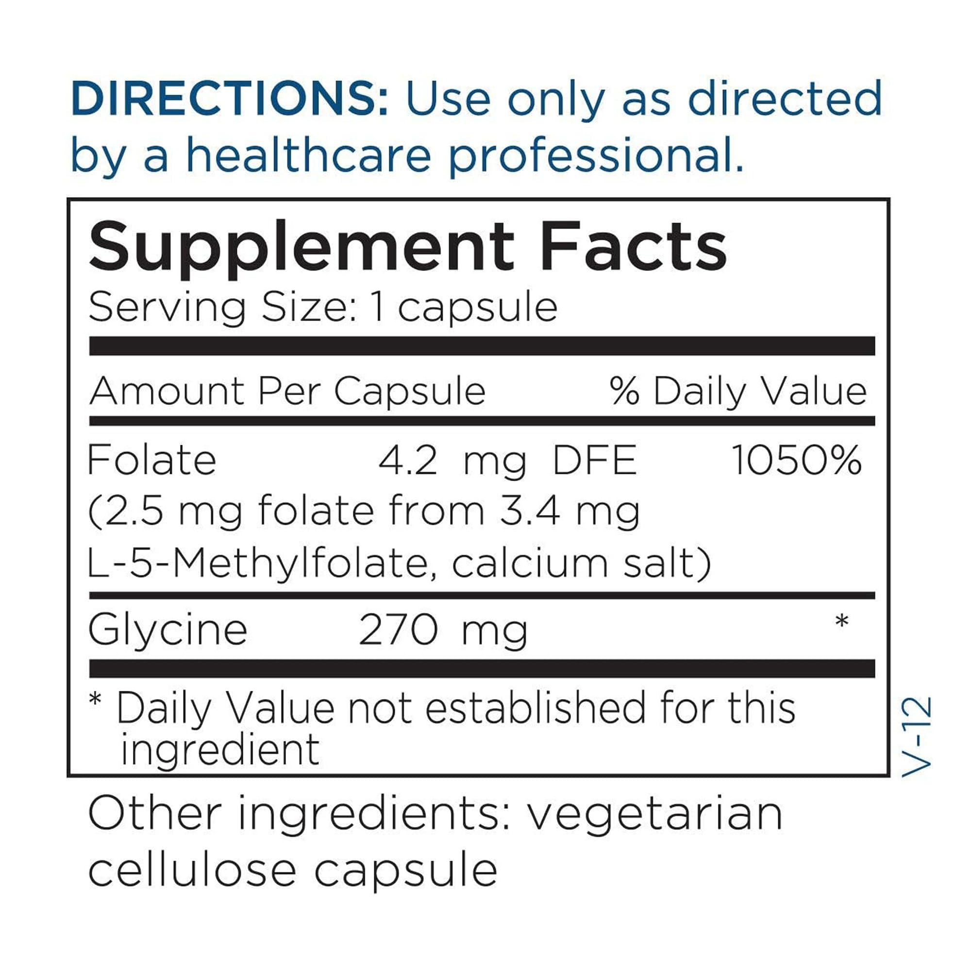 Back panel detail of Metabolic Maintenance L-Methylfolate label with ingredients overview