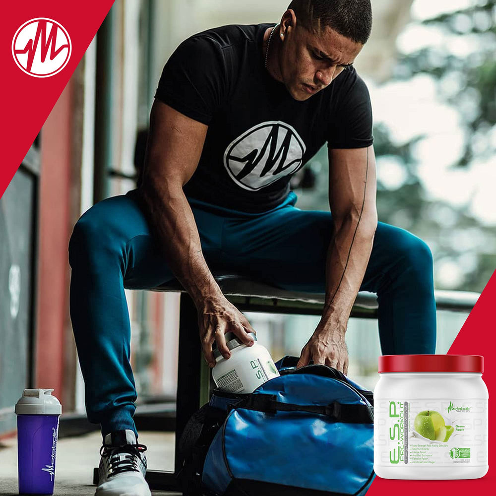 Metabolic Nutrition ESP athlete in workout scene emphasizing energy and endurance.