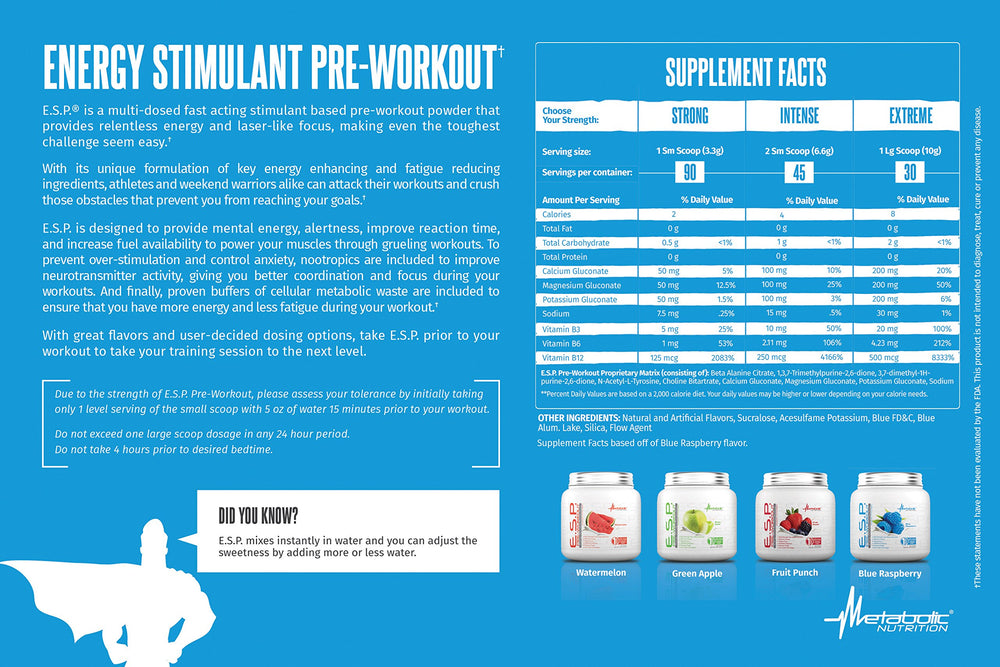 Metabolic Nutrition ESP scoop shown for precise dosing before training.