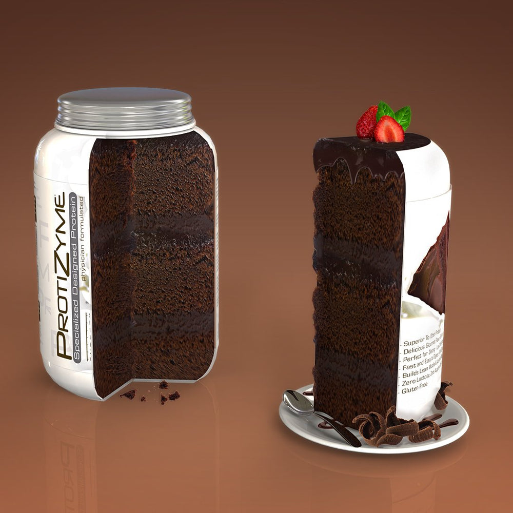 Chocolate Cake Protizyme powder yielding a rich shake.