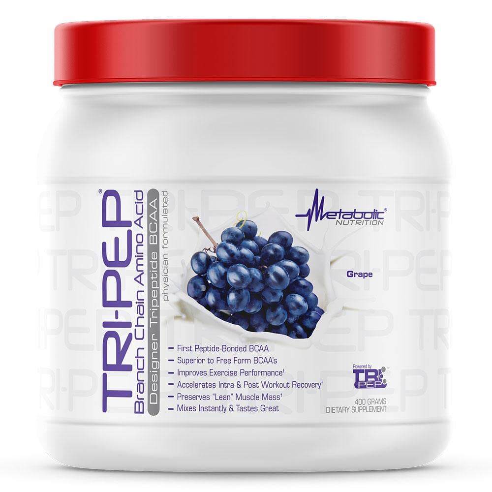 Metabolic Nutrition TRIPEP grape BCAA powder bottle for post-workout recovery.