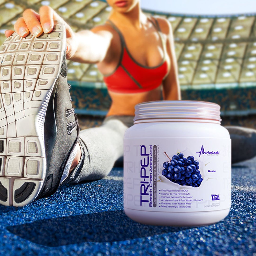 Shaker bottle with TriPep label for intra- or post-workout use.
