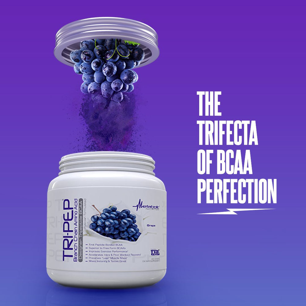 Nutrition label on TriPep packaging highlights peptide-BCAA blend.