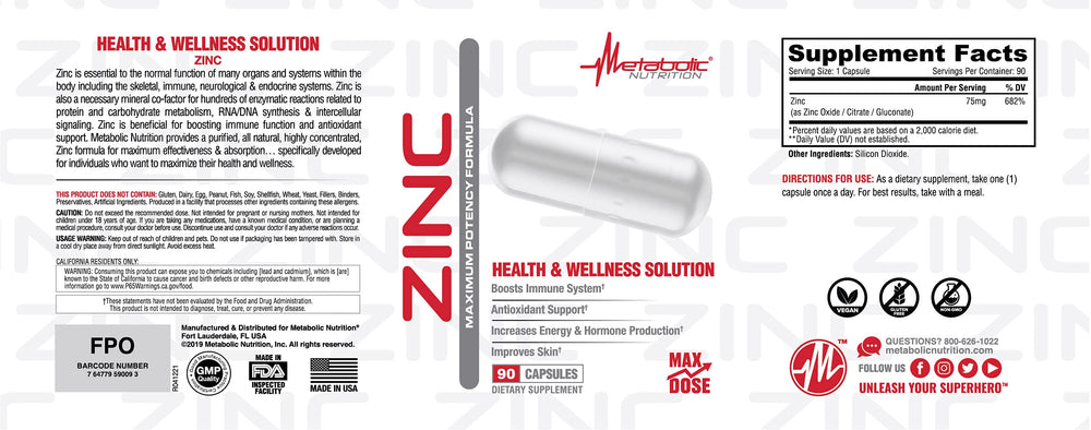 Metabolic Nutrition zinc oxide ingredient label emphasizing antioxidant support.