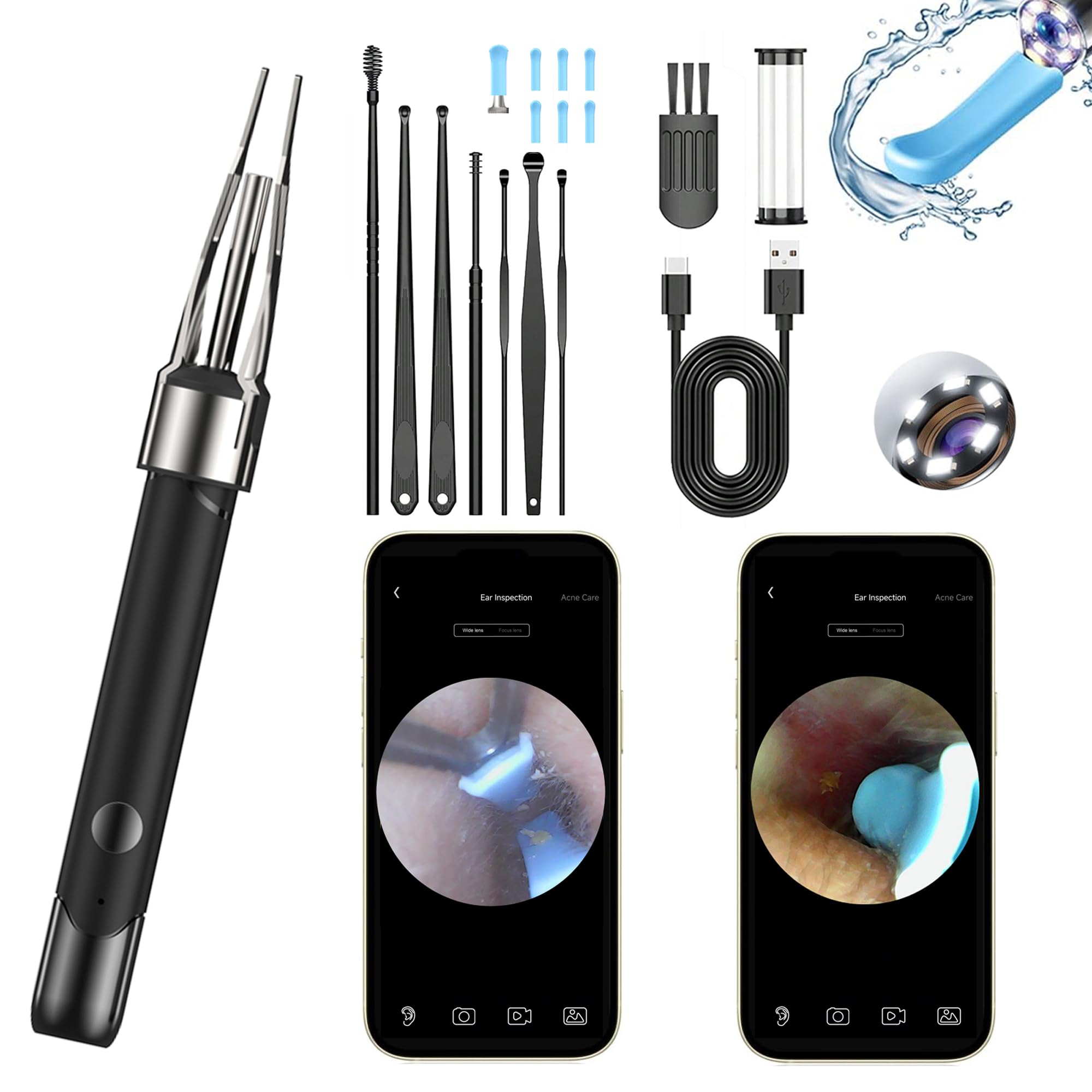 METACHOICE ear wax removal tool camera demonstrates 2in1 scoop and tweezers for safe debris removal.