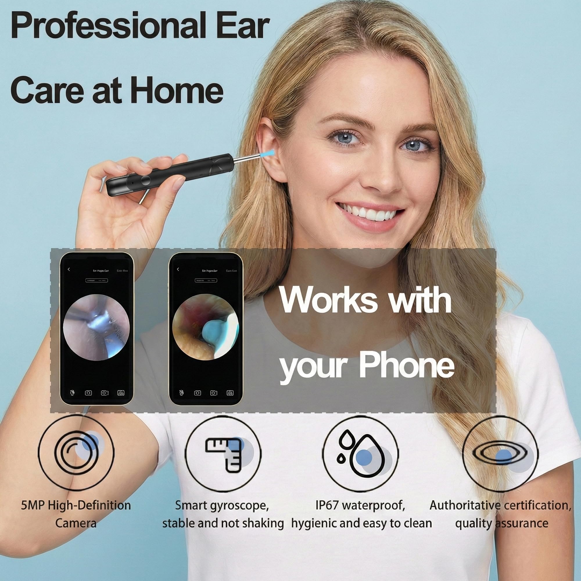 METACHOICE otoscope camera view in HD 5.0MP with LEDs for clear visibility.