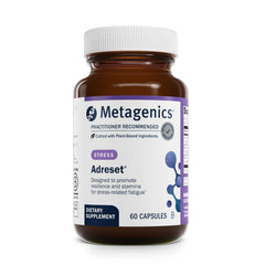 Metagenics Adreset capsules close-up for daily stress resilience support.
