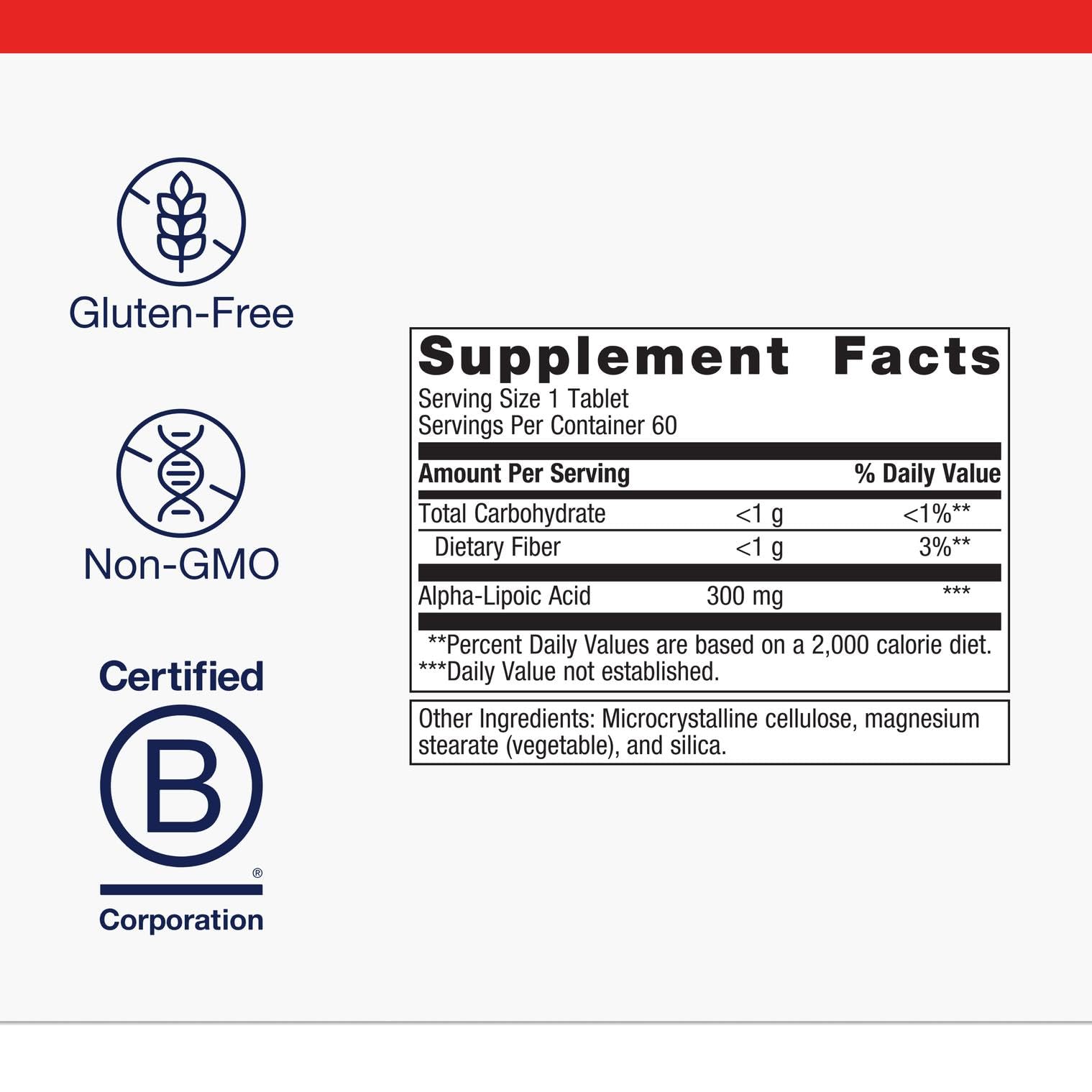 Metagenics Alpha-Lipoic Acid 300 mg tablet close-up for easy dosing and consistency.