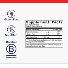 Metagenics Alpha-Lipoic Acid 300 mg tablet close-up for easy dosing and consistency.