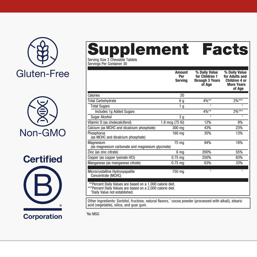 Metagenics Bone Builder chewable tablets with vitamin D for teeth health.
