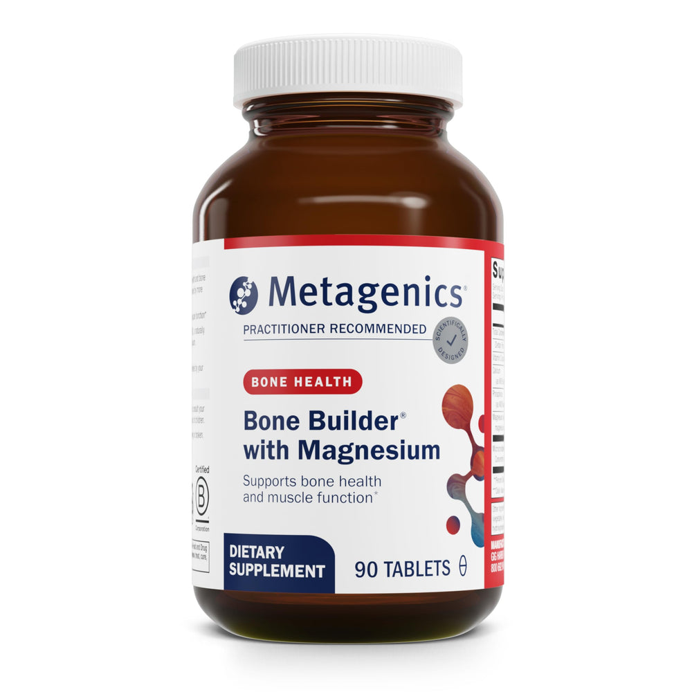 Metagenics Bone Builder Magnesium bottle supports daily mineral balance for bone wellness.