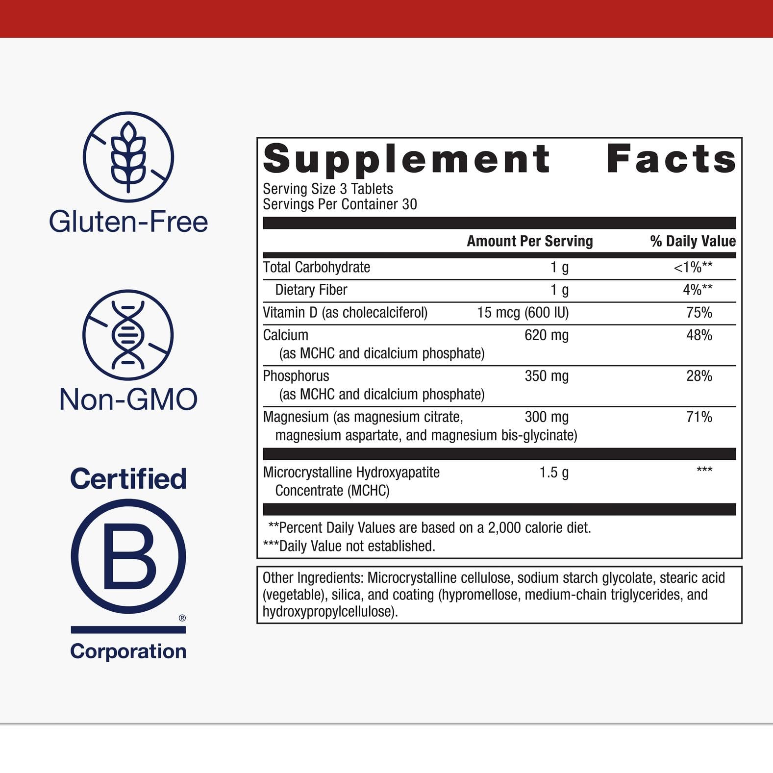 Close-up of Metagenics Bone Builder tablets highlighting chelated minerals for absorption.