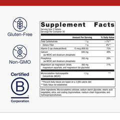 Close-up of Metagenics Bone Builder tablets highlighting chelated minerals for absorption.