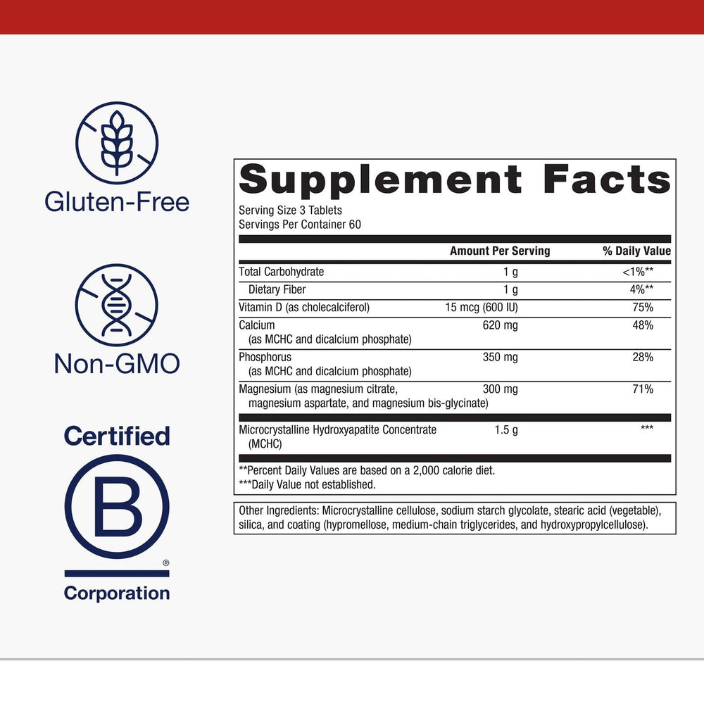 Close-up of Metagenics Bone Builder tablets highlighting calcium and magnesium