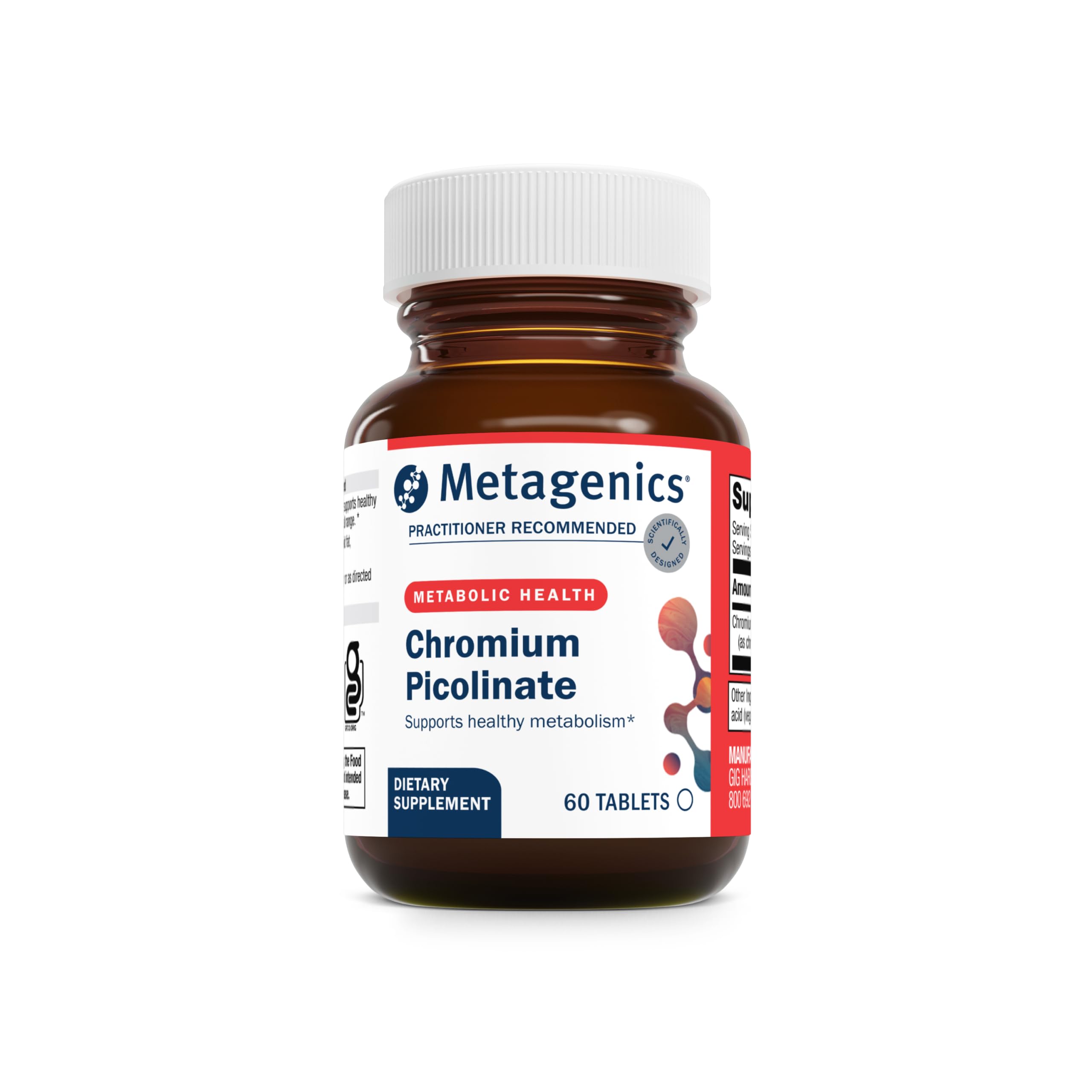 Metagenics Chromium Picolinate tablets in a bottle support metabolism-friendly balance.