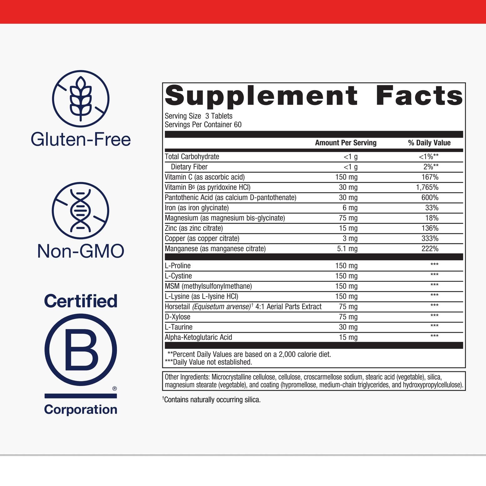Metagenics Collagenics bottle back label showing ingredients and non-GMO status.