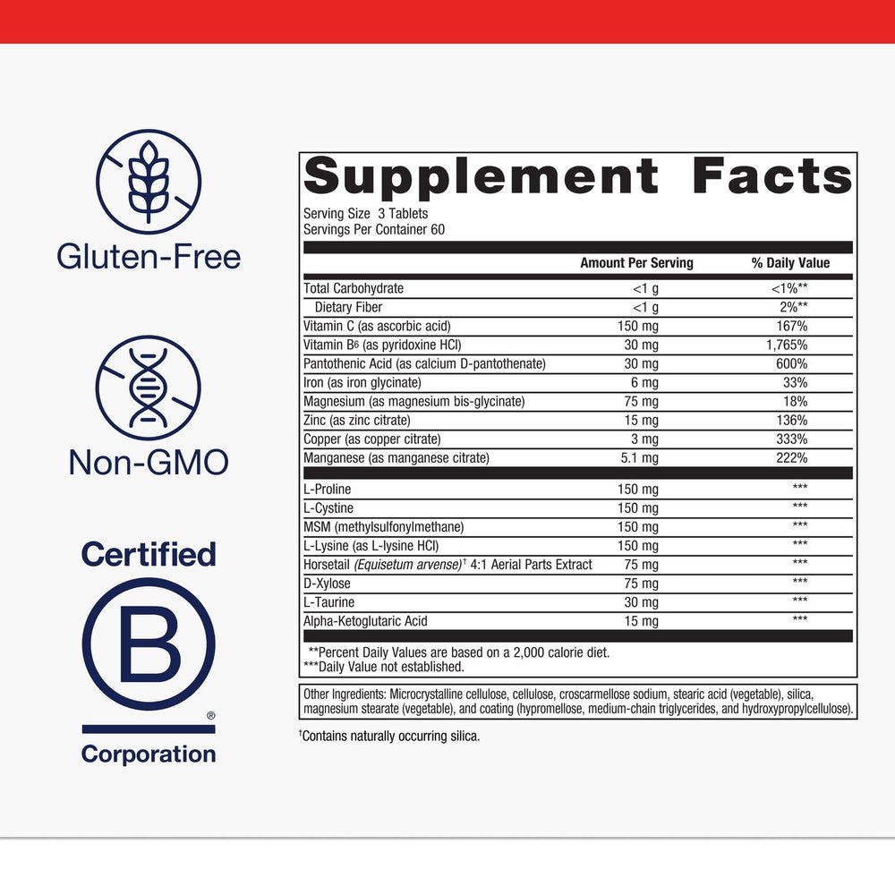 Metagenics Collagenics bottle back label showing ingredients and non-GMO status.
