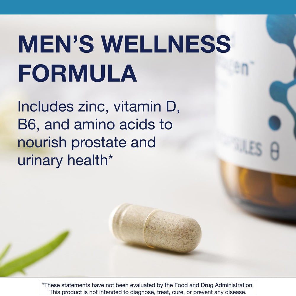 Metagenics Prostagen bottle beside saw palmetto imagery for natural support.