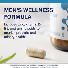 Metagenics Prostagen bottle beside saw palmetto imagery for natural support.