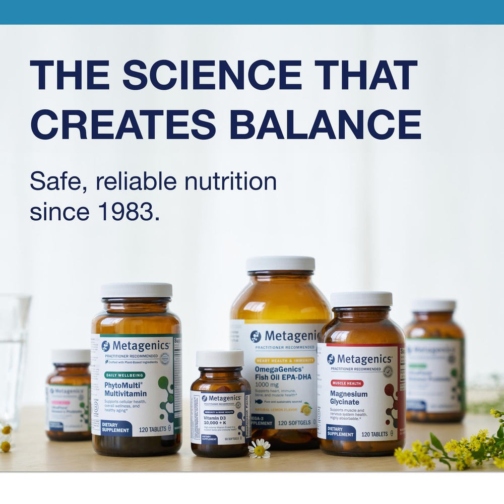 Metagenics Prostagen product shot highlights vitamin D and B6 benefits.