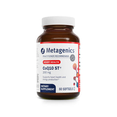 Metagenics CoQ10 ST-200 bottle front highlighting heart support and antioxidant benefits