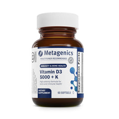 Metagenics D3 and K2 bottle front highlighting bone and immune support.