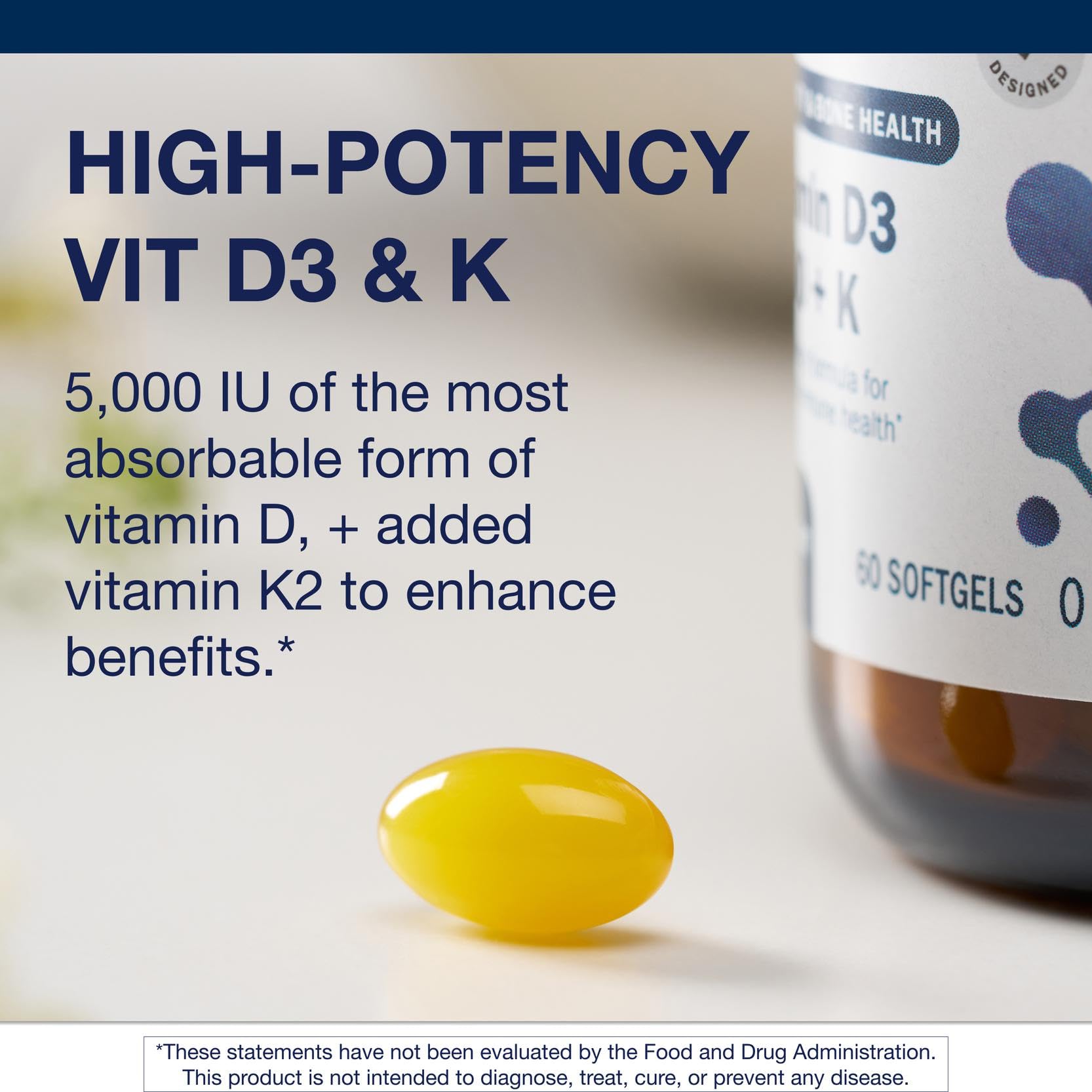 Metagenics D3 and K2 softgel close-up showing easy daily capsules.