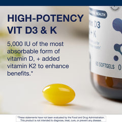 Metagenics D3 and K2 softgel close-up showing easy daily capsules.