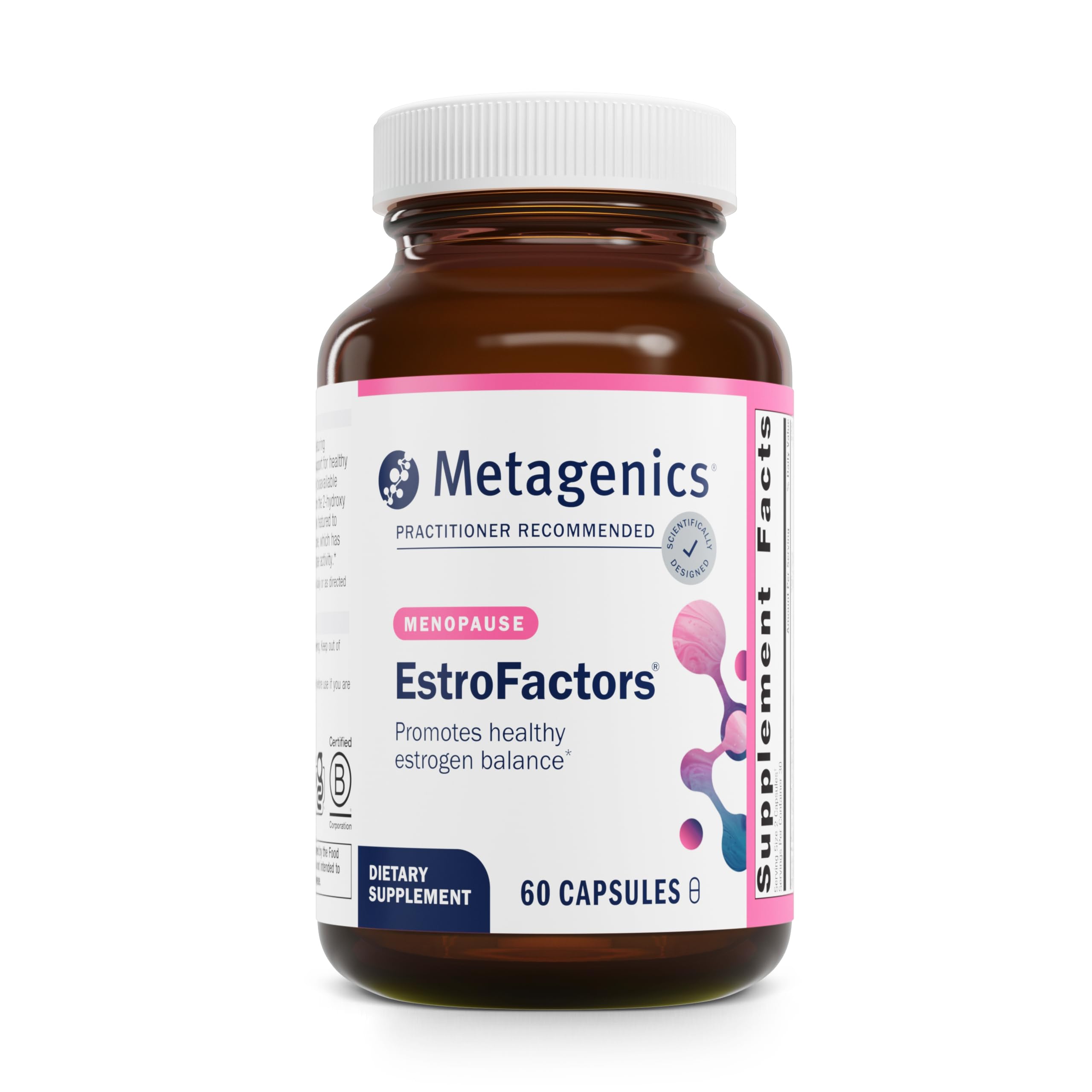 Metagenics EstroFactors bottle front view showing a hormone-support formula for perimenopause.