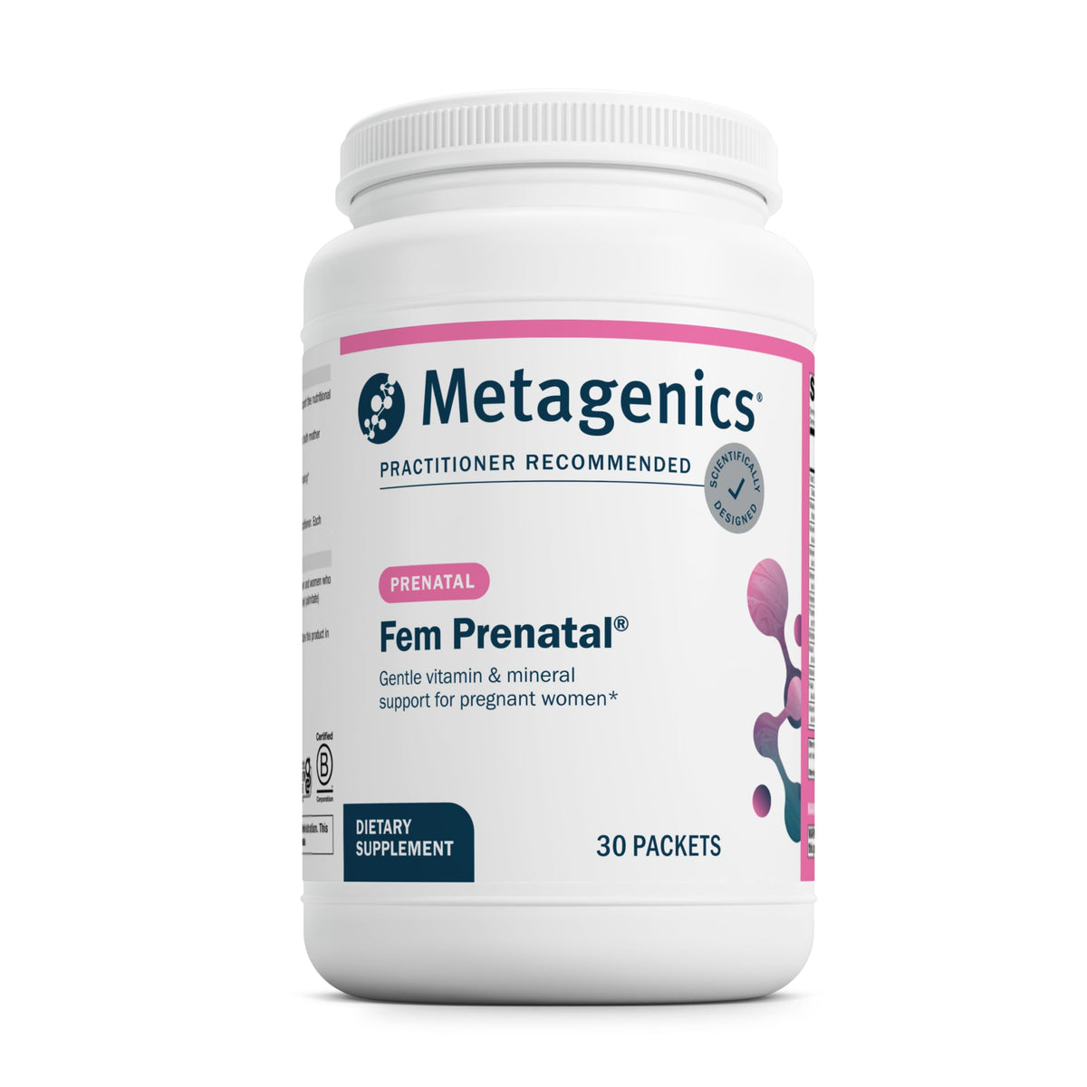 Metagenics Fem Prenatal bottle front view with gluten-free, non-GMO formula for pregnancy support