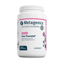 Metagenics Fem Prenatal bottle front view with gluten-free, non-GMO formula for pregnancy support