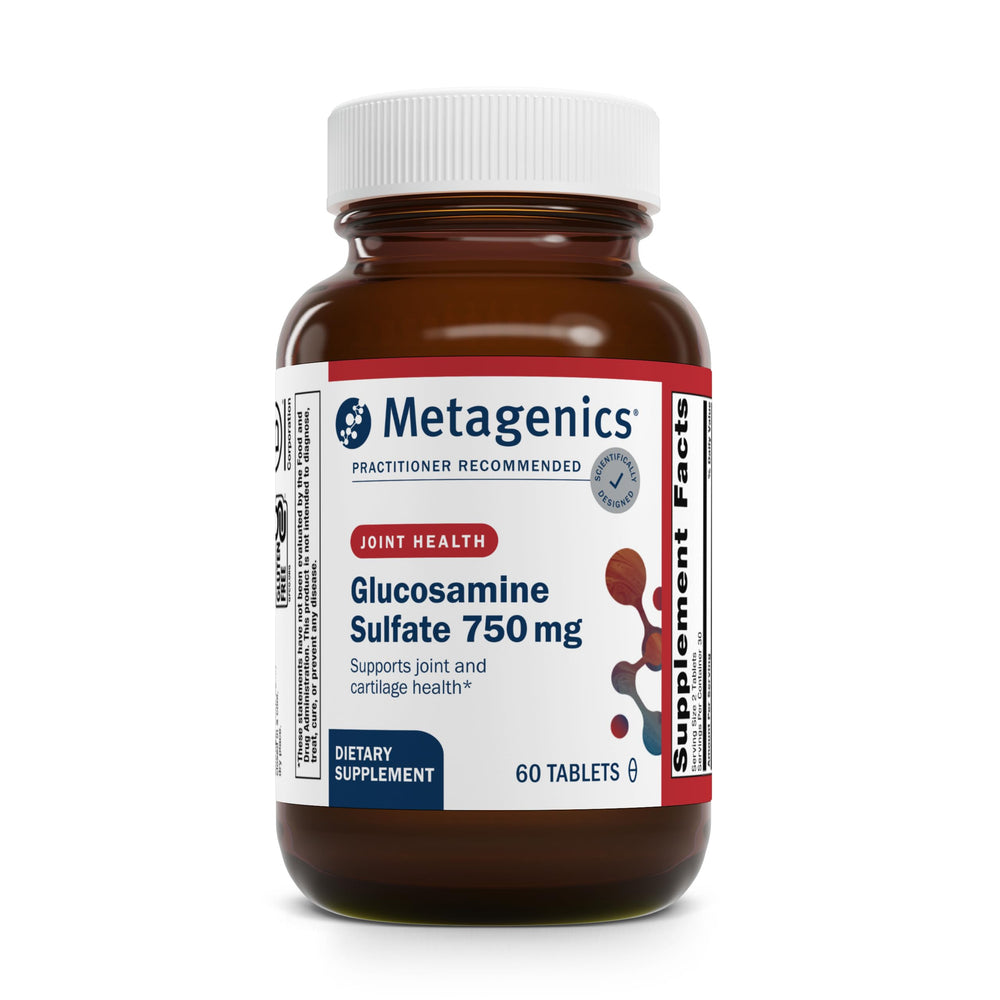 Metagenics Glucosamine Sulfate bottle label close-up highlighting joint support