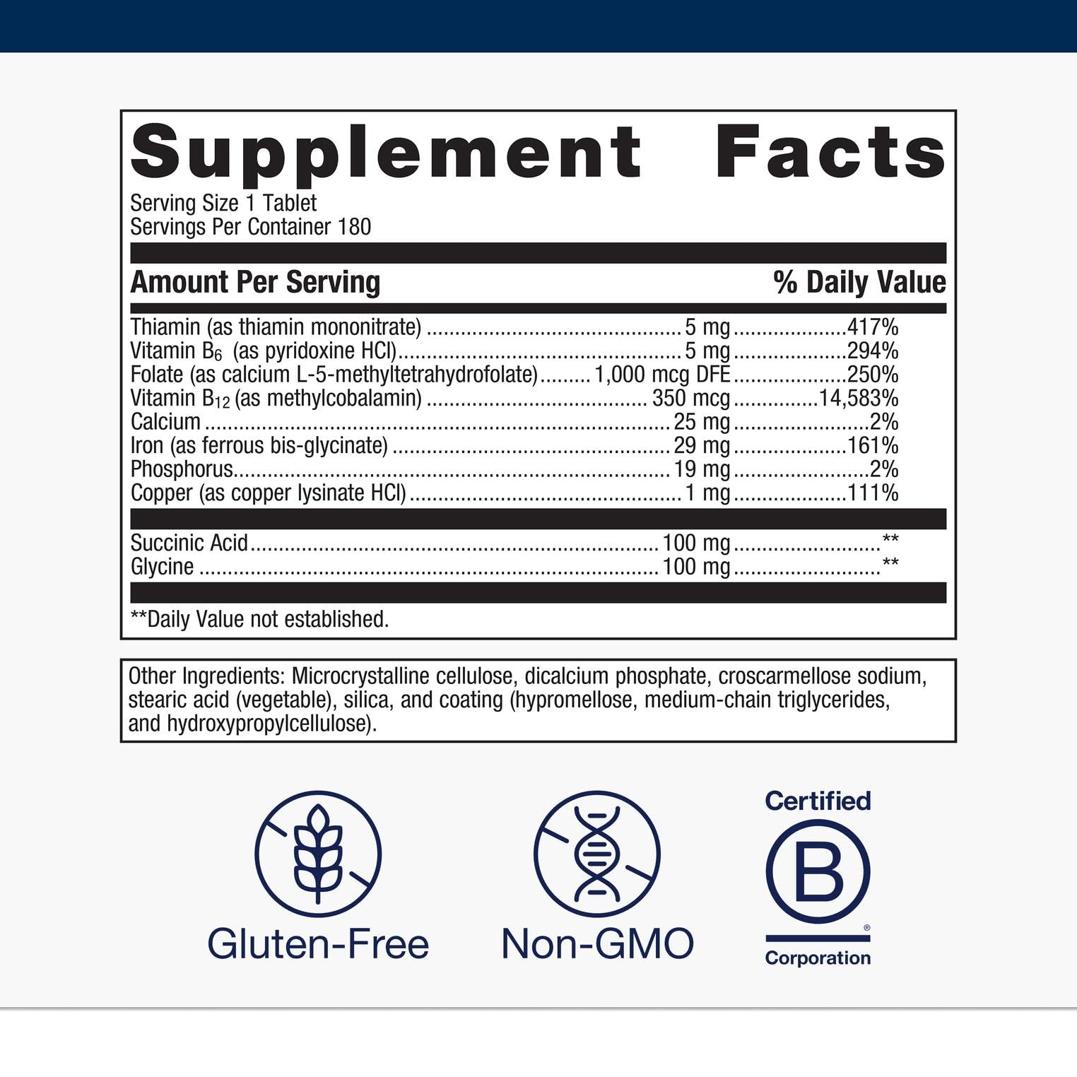 Metagenics Hemagenics iron bottle back shows ingredients and gluten-free claim.