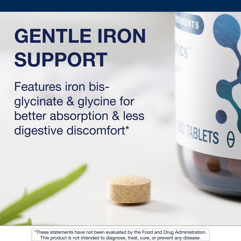 Close-up of Hemagenics iron tablets with gentle formulation.