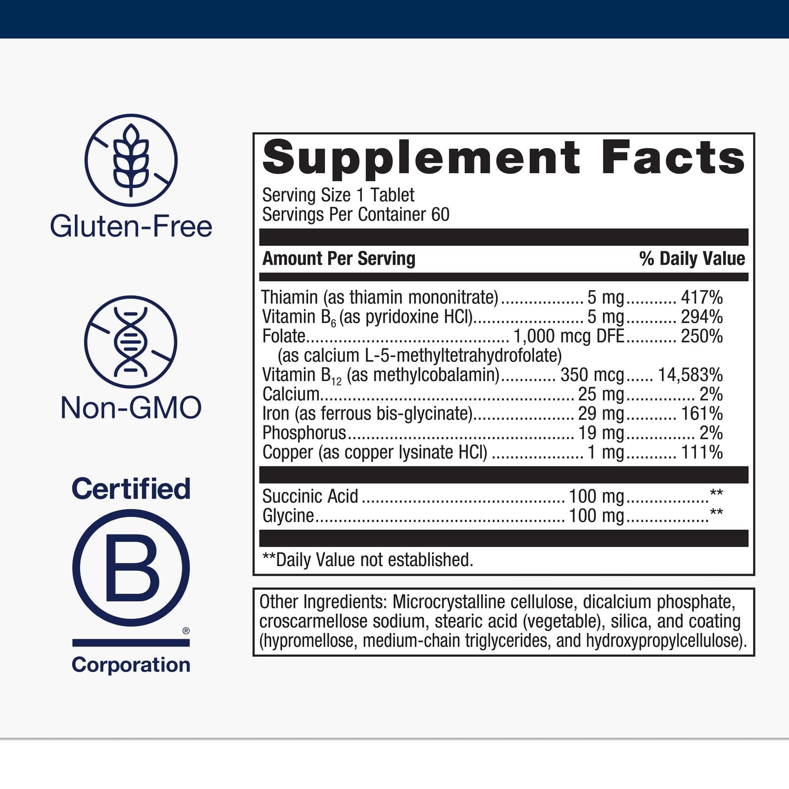 Metagenics Hemagenics label closeup highlights B vitamins and folate for energy metabolism.