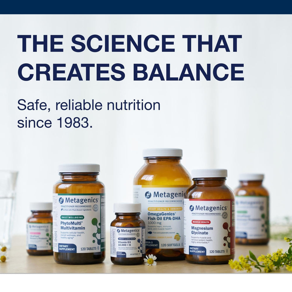 Metagenics Hemagenics bottle in daily routine image suggests energy support.