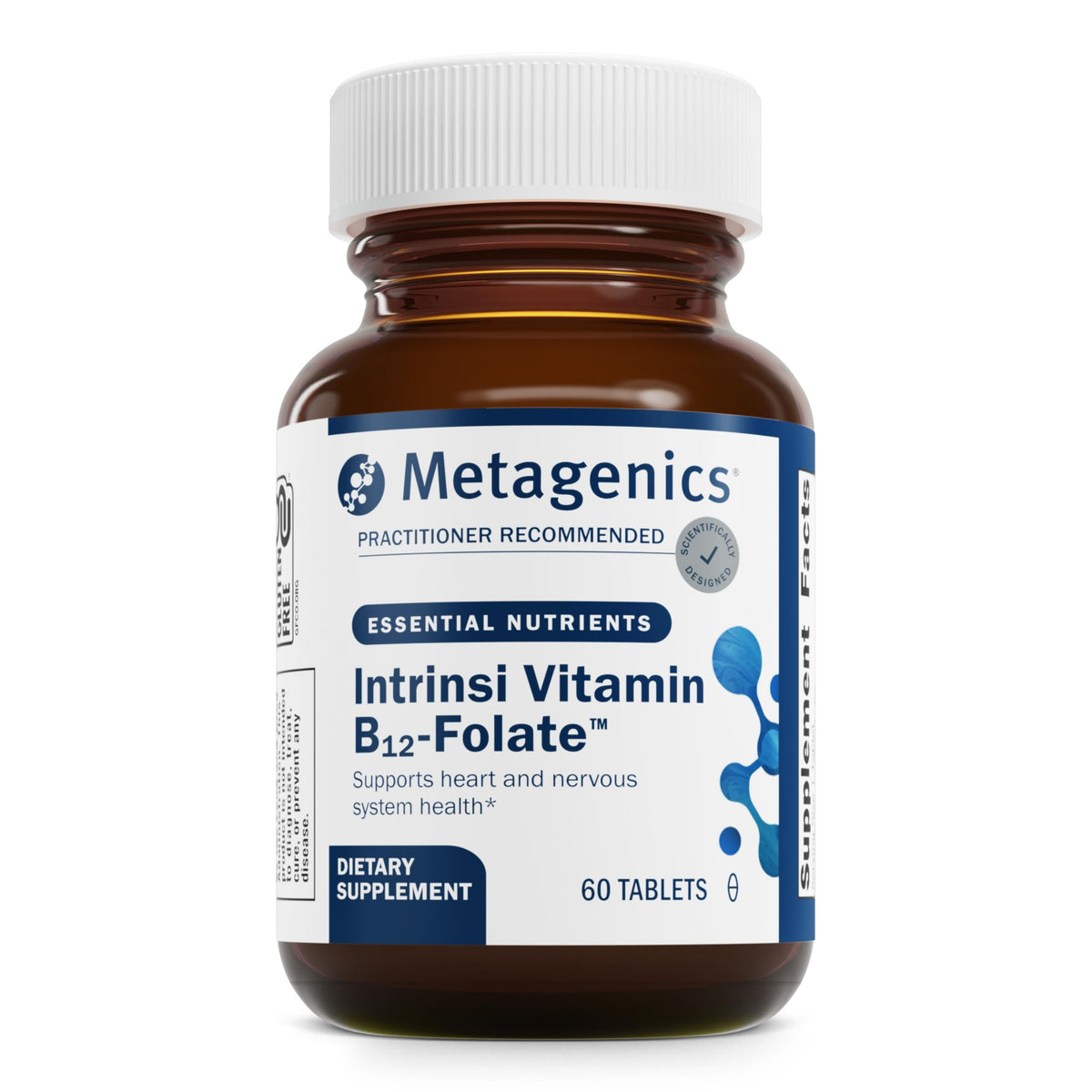 Metagenics Intrinsi B12-Folate bottle close-up, highlighting energy metabolism and nervous system support.