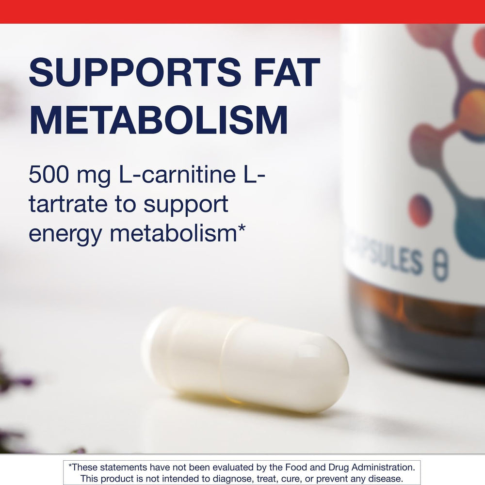 Metagenics L-Carnitine bottle on workout mat suggests active lifestyle support.