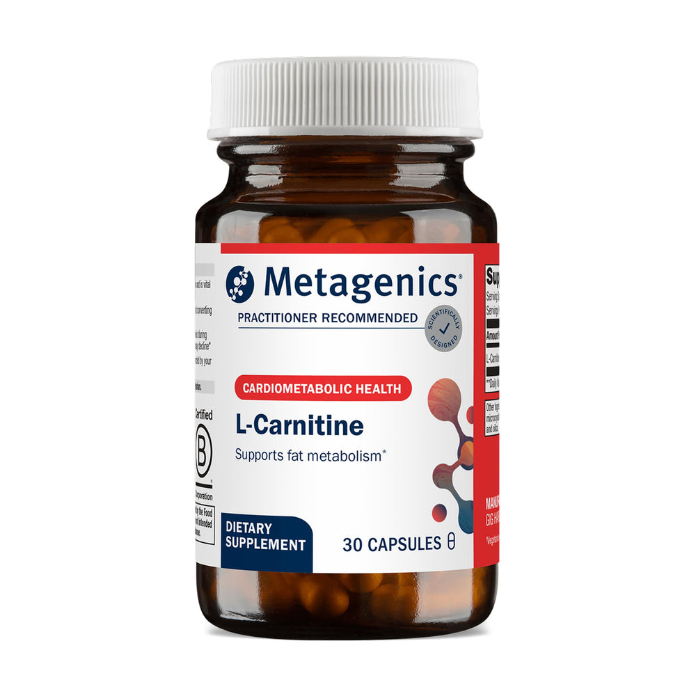 Metagenics L-Carnitine bottle pours for easy daily use and energy support.