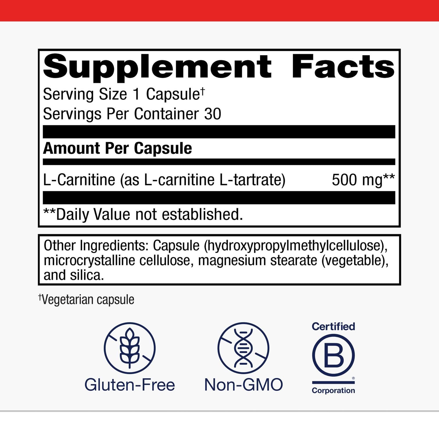 Metagenics L-Carnitine capsules close-up shows 500 mg per serving for metabolism.