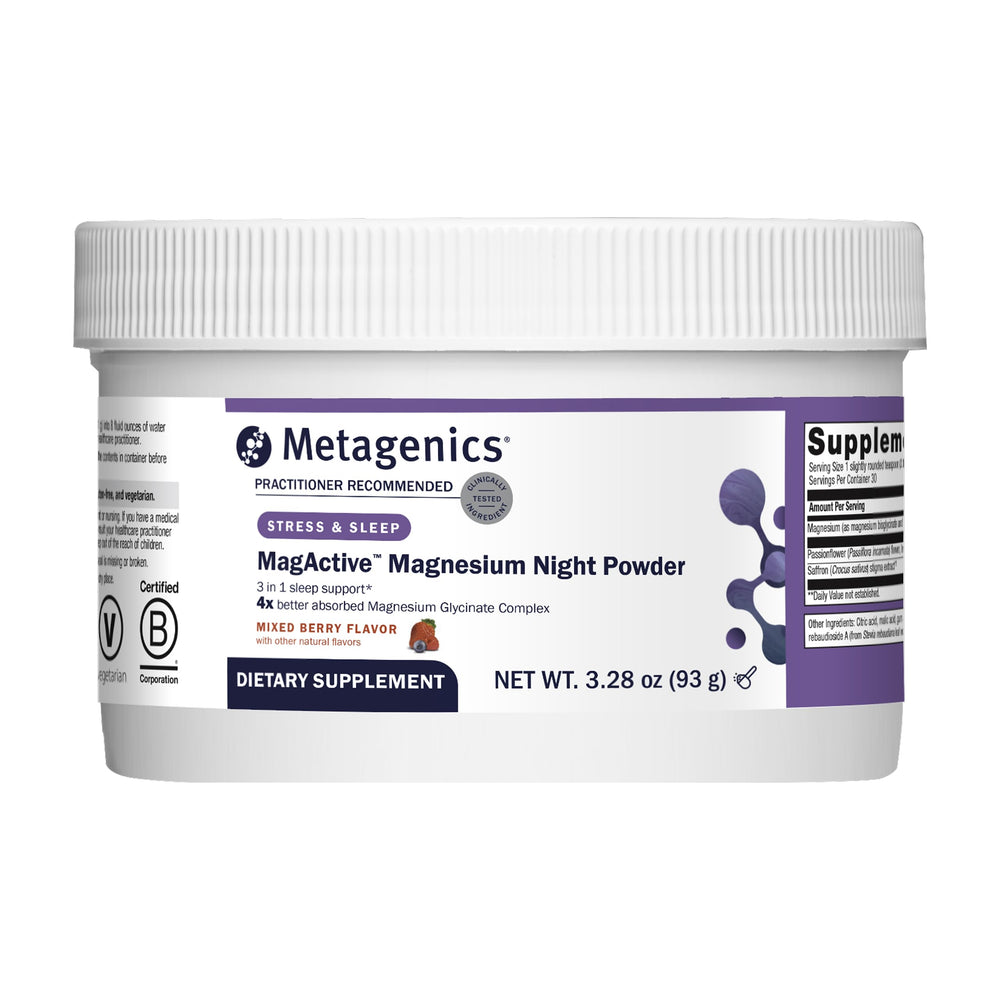 Metagenics MagActive Night Powder jar with spoon for easy nightly dosing and peaceful evenings.