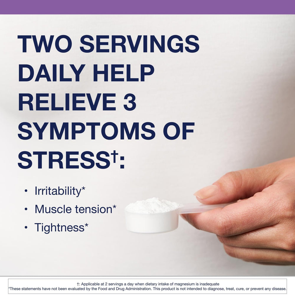 Bottle with scoop demonstrates simple daily dosing for calm support.